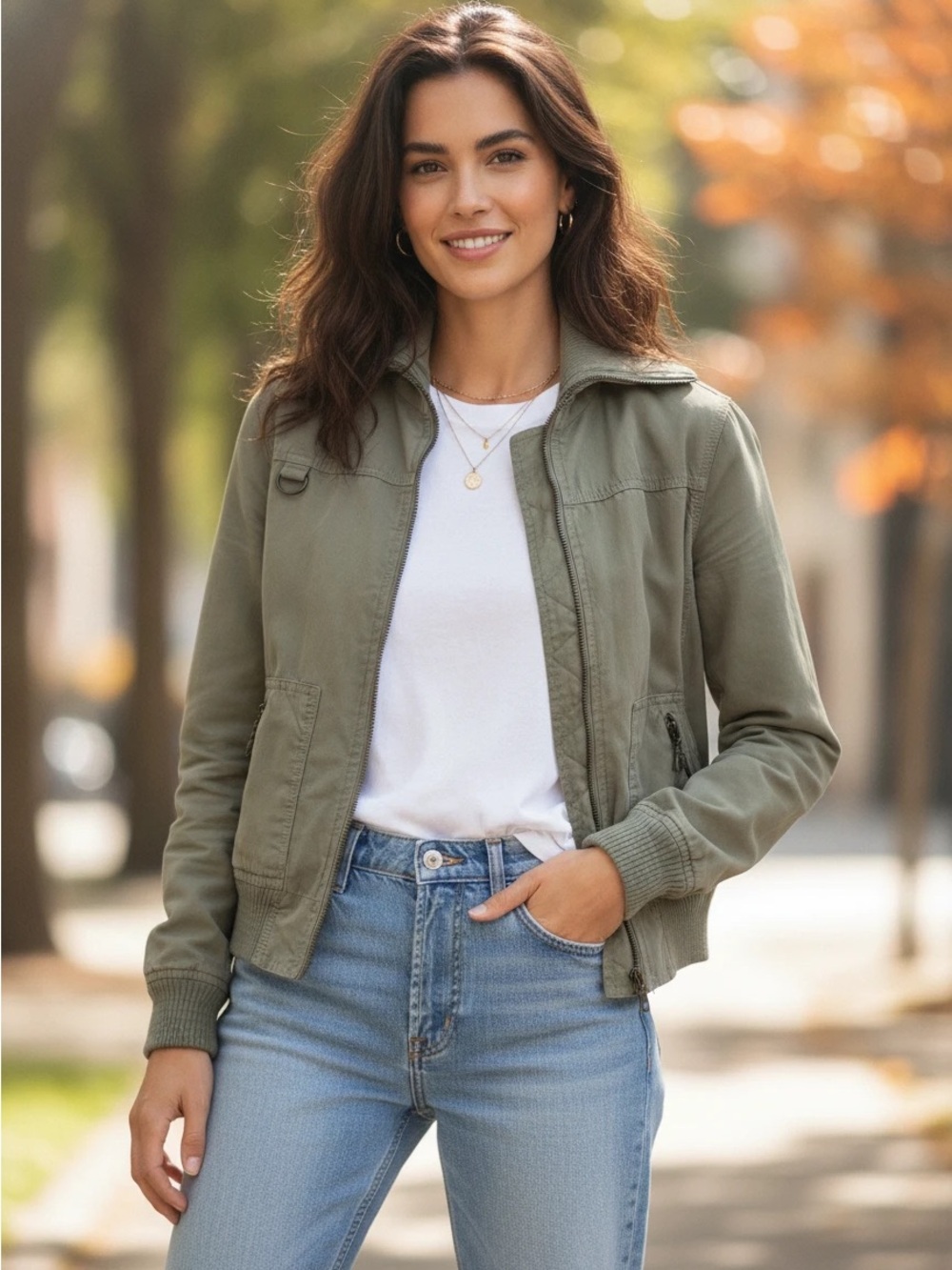 Bershka BSK Jeans Utility Bomber Jacket Khaki Olive Green Moto Full Zip M